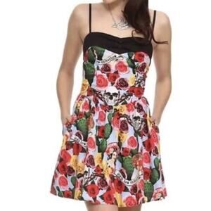 Hell Bunny Dia De Los Muertos Floral Halter Strap Dress Size Large Women’s Black